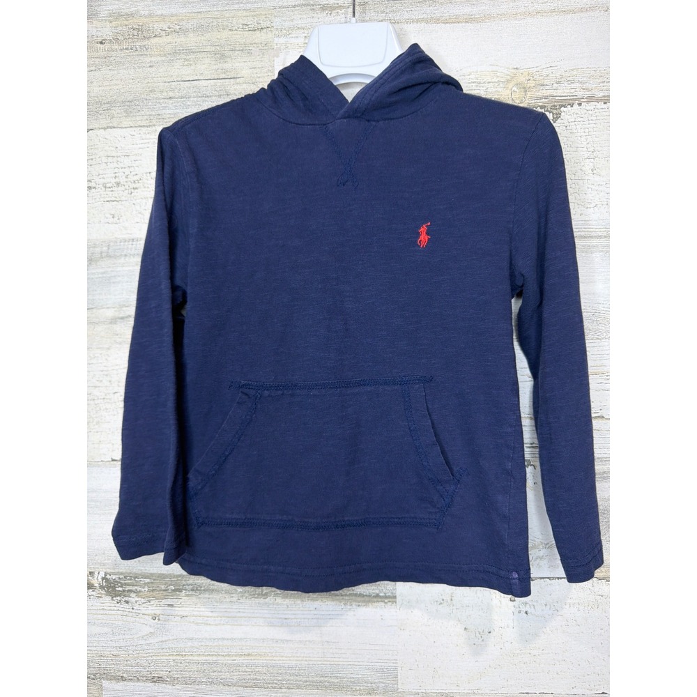 Polo Ralph Lauren Hooded Shirt Boys 5 Navy Blue Cotton Slub Hoodie EUC